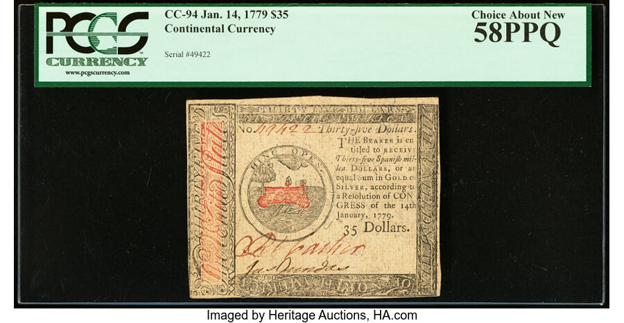 image for: Continental Currency January 14, 1779 $35 PCGS Choice About New 58PPQ....
