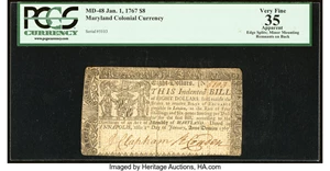 image for: Maryland January 1, 1767 $8 PCGS Apparent Very Fine 35....