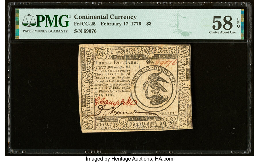 image for: Continental Currency February 17, 1776 $3 PMG Choice About Unc 58 EPQ....