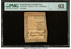 image for: Pennsylvania October 1, 1773 20s PMG Choice Uncirculated 63....