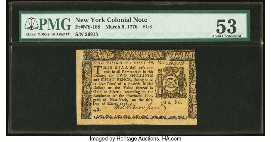 image for: New York March 5, 1776 $1/3 PMG About Uncirculated 53....