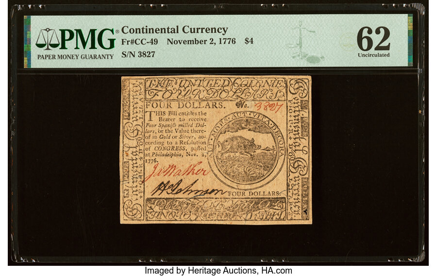 image for: Continental Currency November 2, 1776 $4 PMG Uncirculated 62....