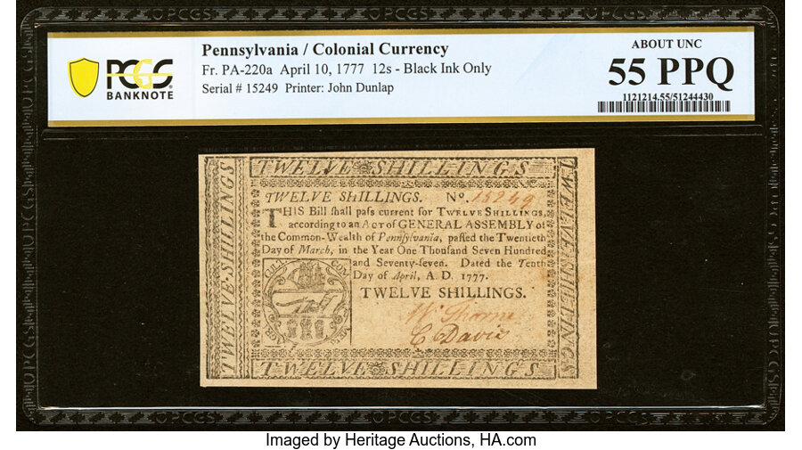 image for: Pennsylvania April 10, 1777 12s PCGS Banknote About Unc 55 PPQ....