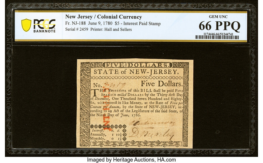 image for: New Jersey June 9, 1780 $5 PCGS Banknote Gem Unc 66 PPQ....