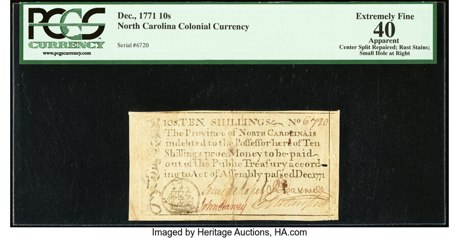 image for: North Carolina December, 1771 10s PCGS Apparent Extremely Fine 40....