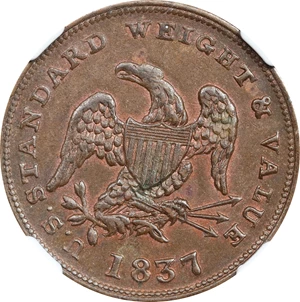 image for: 1837 Half Cent. HT-73, Low-49, W-11-710a. Rarity-1. Copper. Plain Edge. MS-63 BN (NGC).