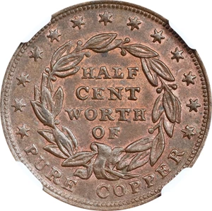 image for: 1837 Half Cent. HT-73, Low-49, W-11-710a. Rarity-1. Copper. Plain Edge. MS-63 BN (NGC).