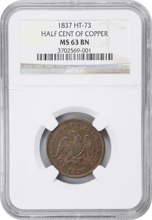 image for: 1837 Half Cent. HT-73, Low-49, W-11-710a. Rarity-1. Copper. Plain Edge. MS-63 BN (NGC).