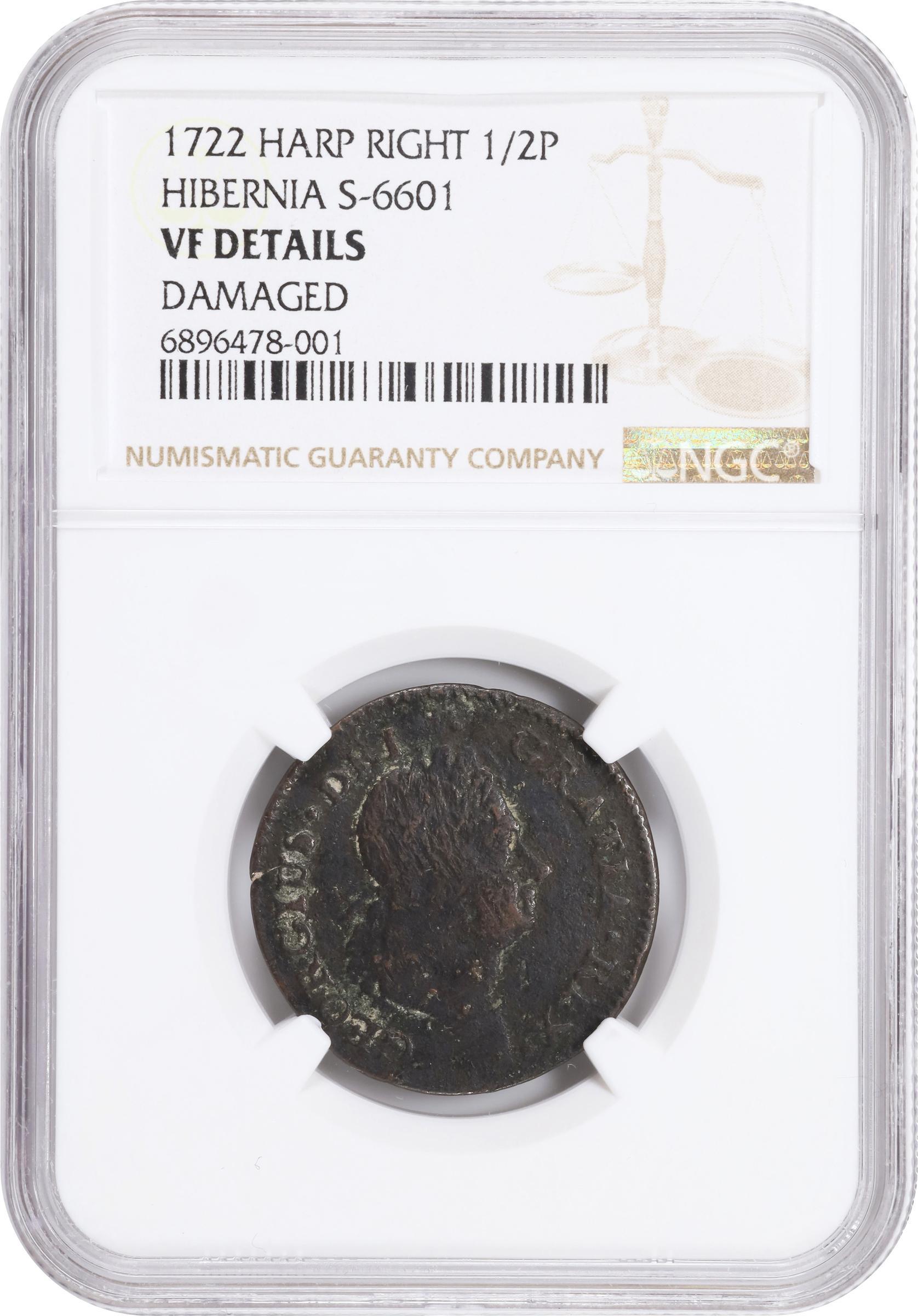 image for: 1722 Wood's Hibernia Halfpenny. Martin 4.11-C.4, W-12810. Rarity-6. Second Type, Harp at Right. VF Details--Damaged (NGC).