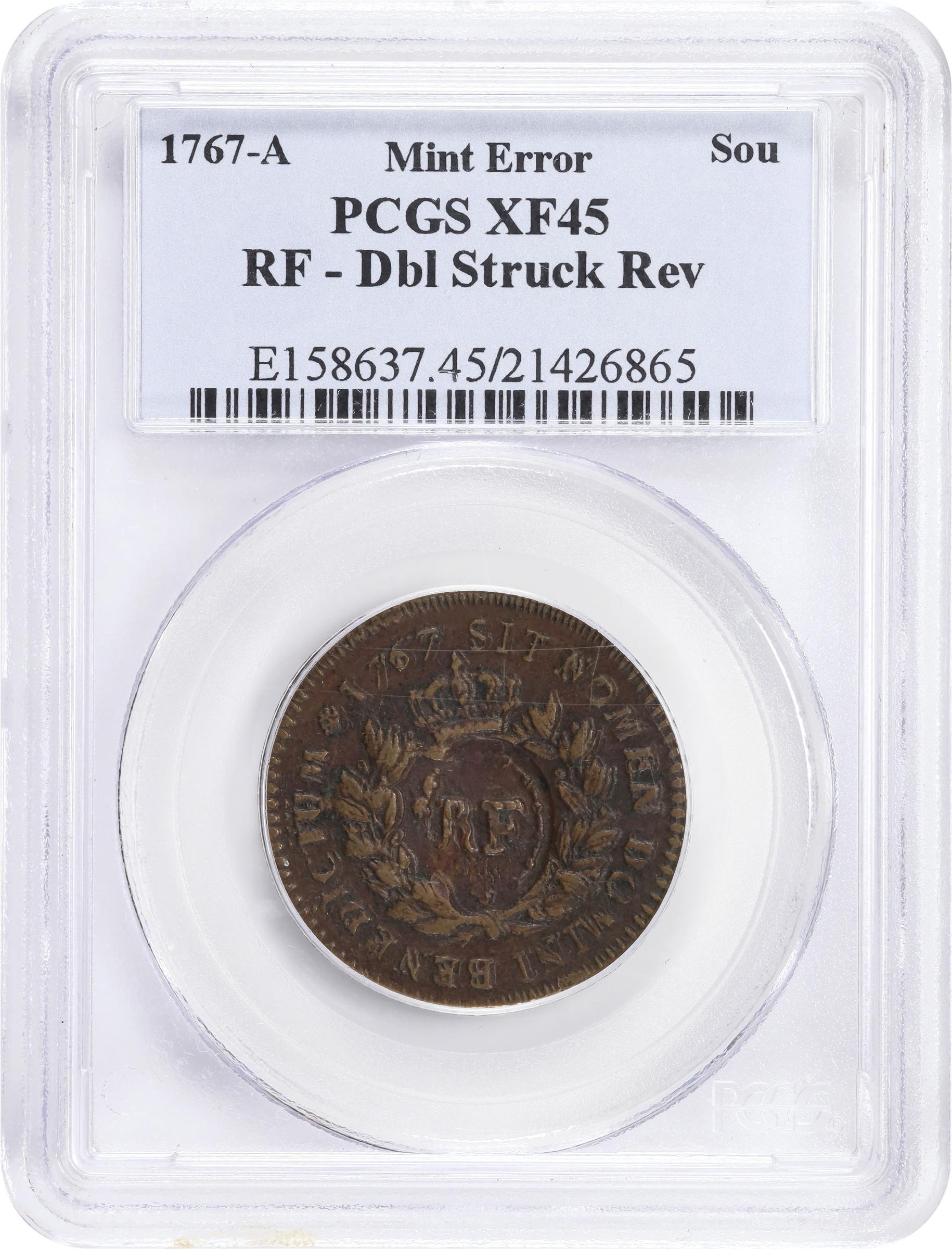 image for: 1767-A (1793) Sou. Paris Mint. Breen-701. RF Counterstamp. Double Struck Reverse. EF-45 (PCGS).