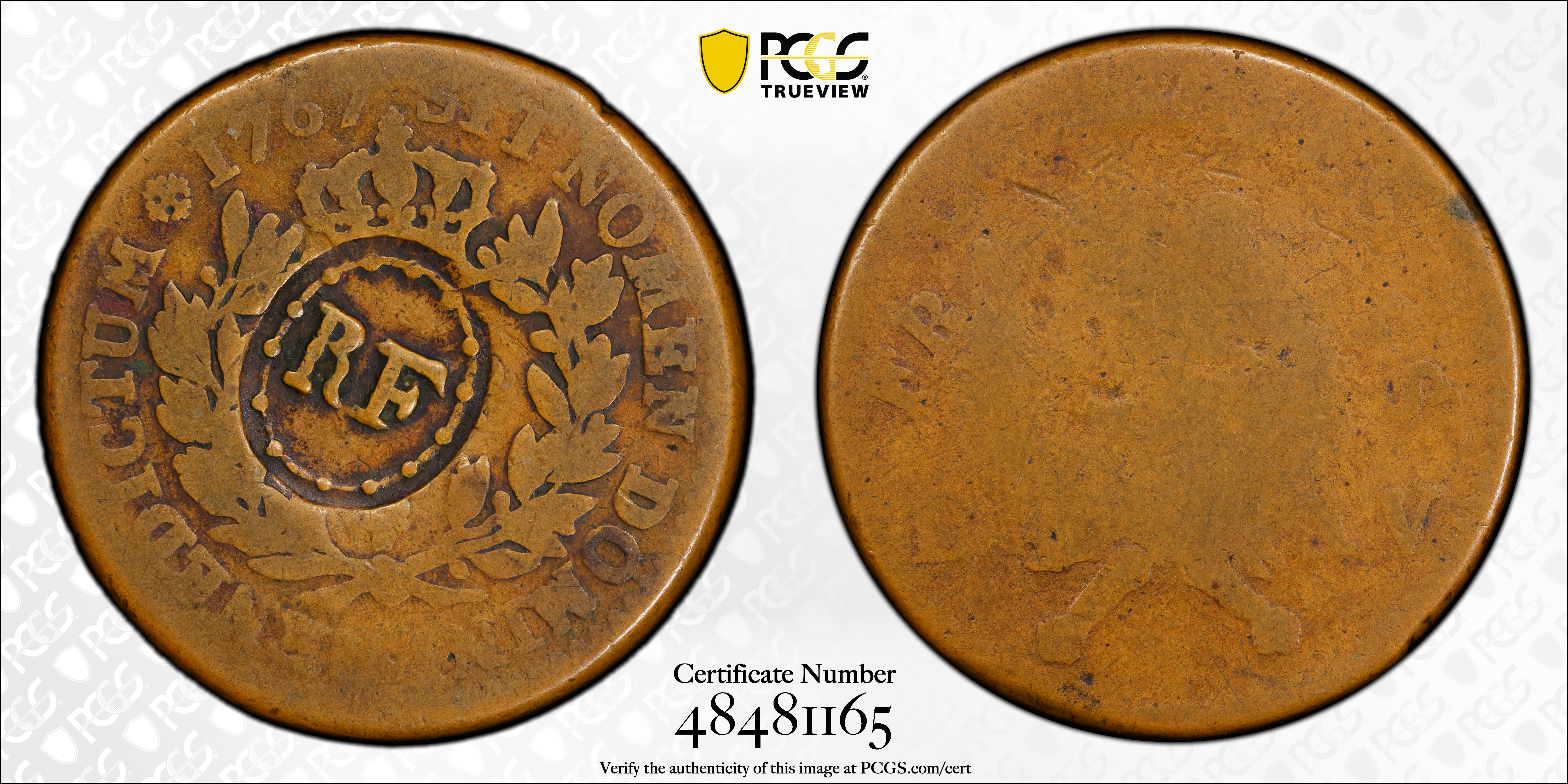 image for: 1767-A (1793) Sou. Paris Mint. Breen-701. RF Counterstamp. Good-4 (PCGS).