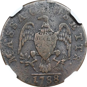 image for: 1788 Massachusetts Half Cent. Ryder 1-B, W-6010. Rarity-2. VF Details--Bent (NGC).