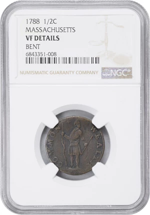 image for: 1788 Massachusetts Half Cent. Ryder 1-B, W-6010. Rarity-2. VF Details--Bent (NGC).