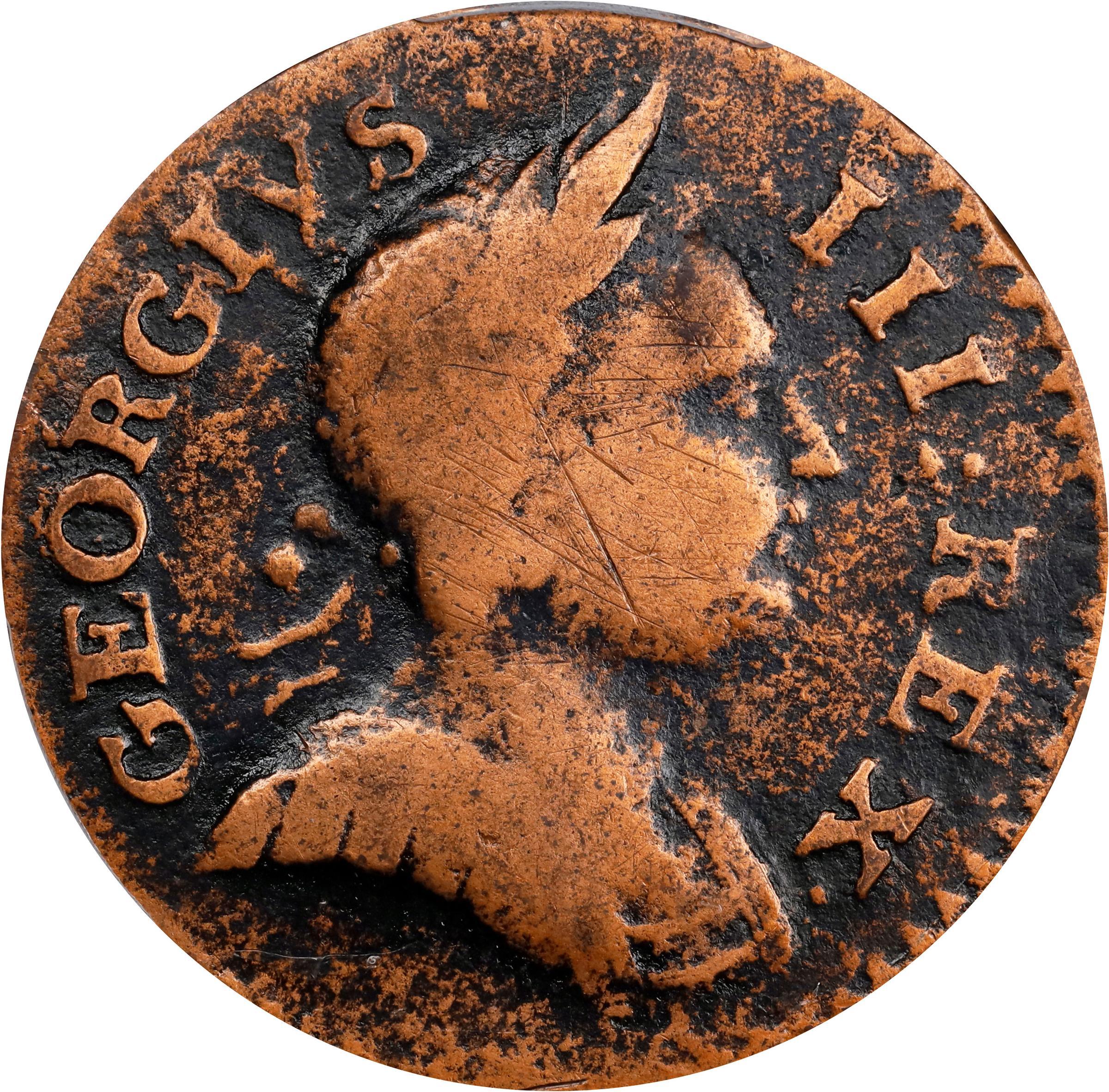 image for: 1775 Machin's Mills Halfpenny. Vlack 4-75A, W-7780. Rarity-4. GEORGIVS III, Group I. Fine Details--Environmental Damage (PCGS).