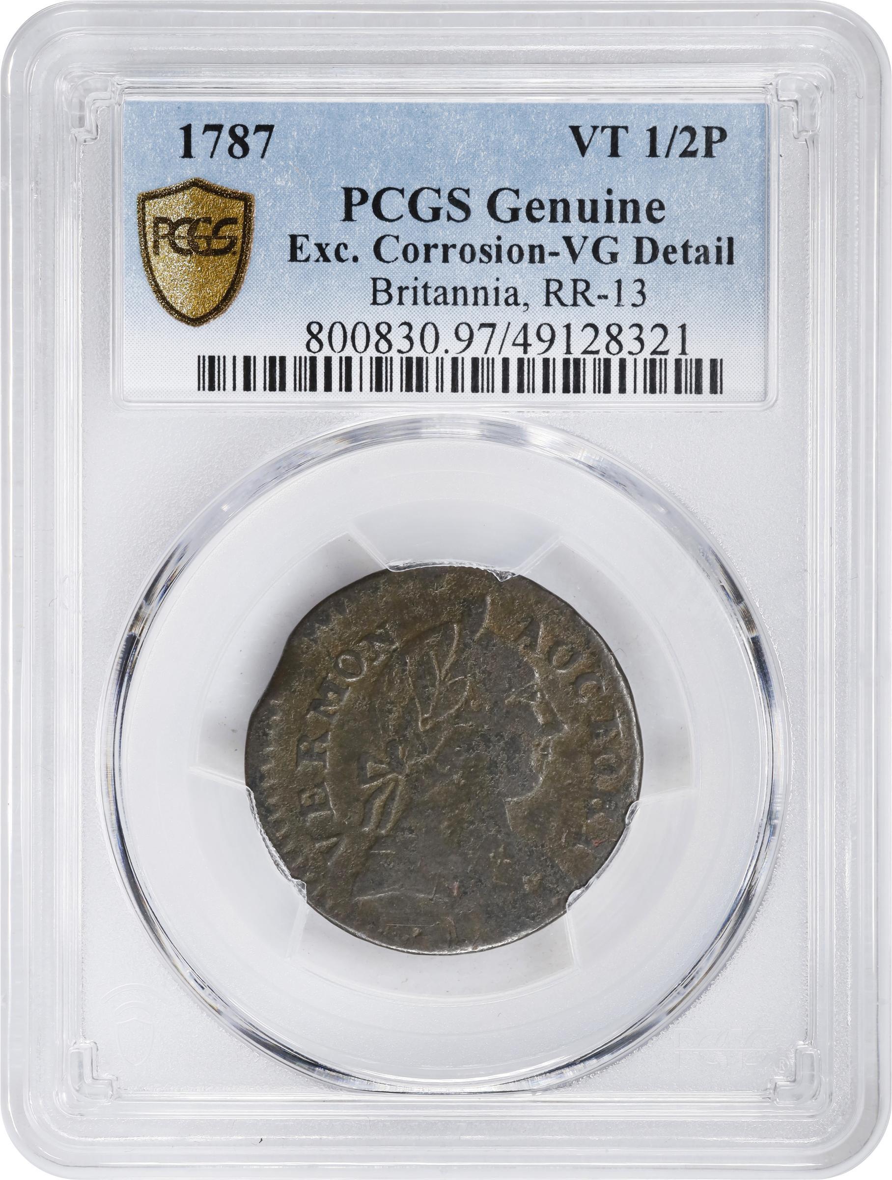 image for: 1787 Vermont Copper. RR-13, Bressett 17-V, W-2255. Rarity-1. BRITANNIA. VG Details--Excessive Corrosion (PCGS).