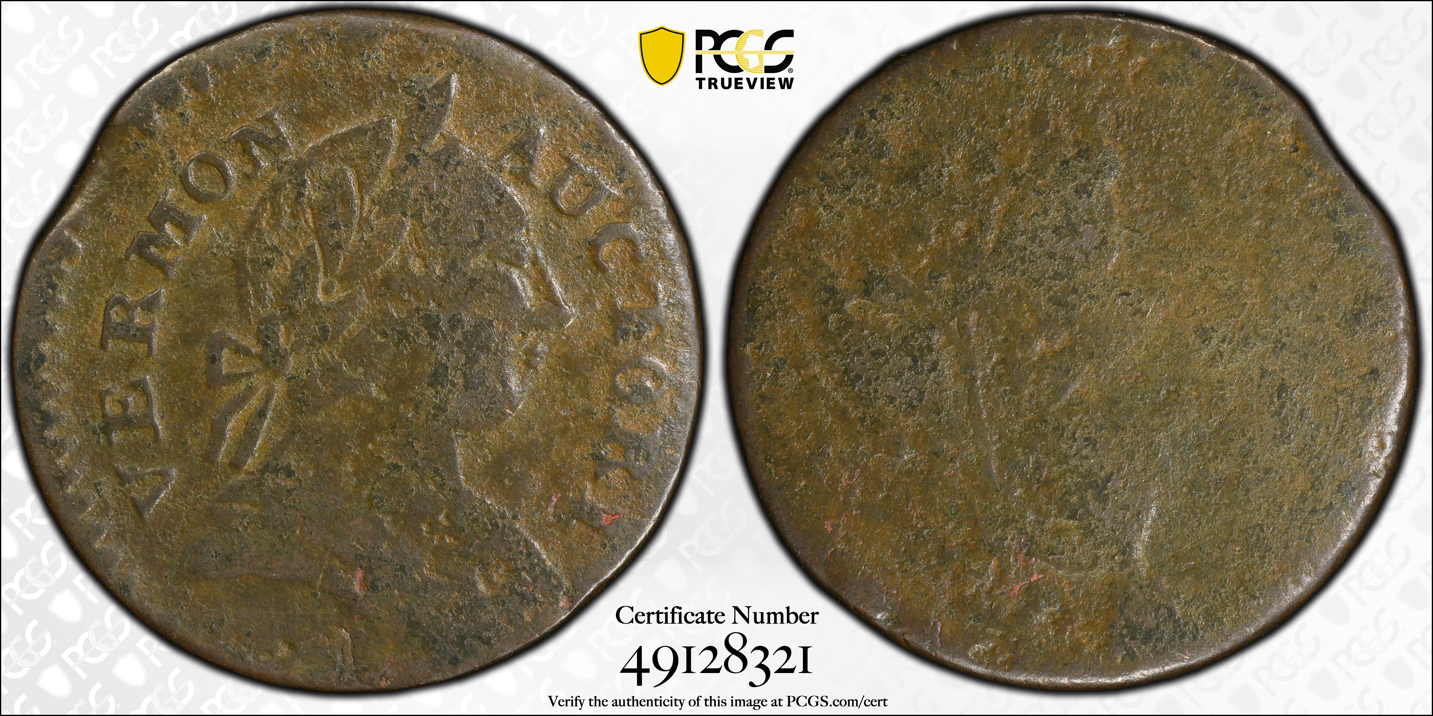 image for: 1787 Vermont Copper. RR-13, Bressett 17-V, W-2255. Rarity-1. BRITANNIA. VG Details--Excessive Corrosion (PCGS).