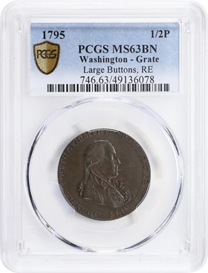 image for: 1795 Washington Grate Halfpenny. Musante GW-49, Baker-29AA, W-10955. Large Buttons. Copper. Reeded Edge. MS-63 BN (PCGS).
