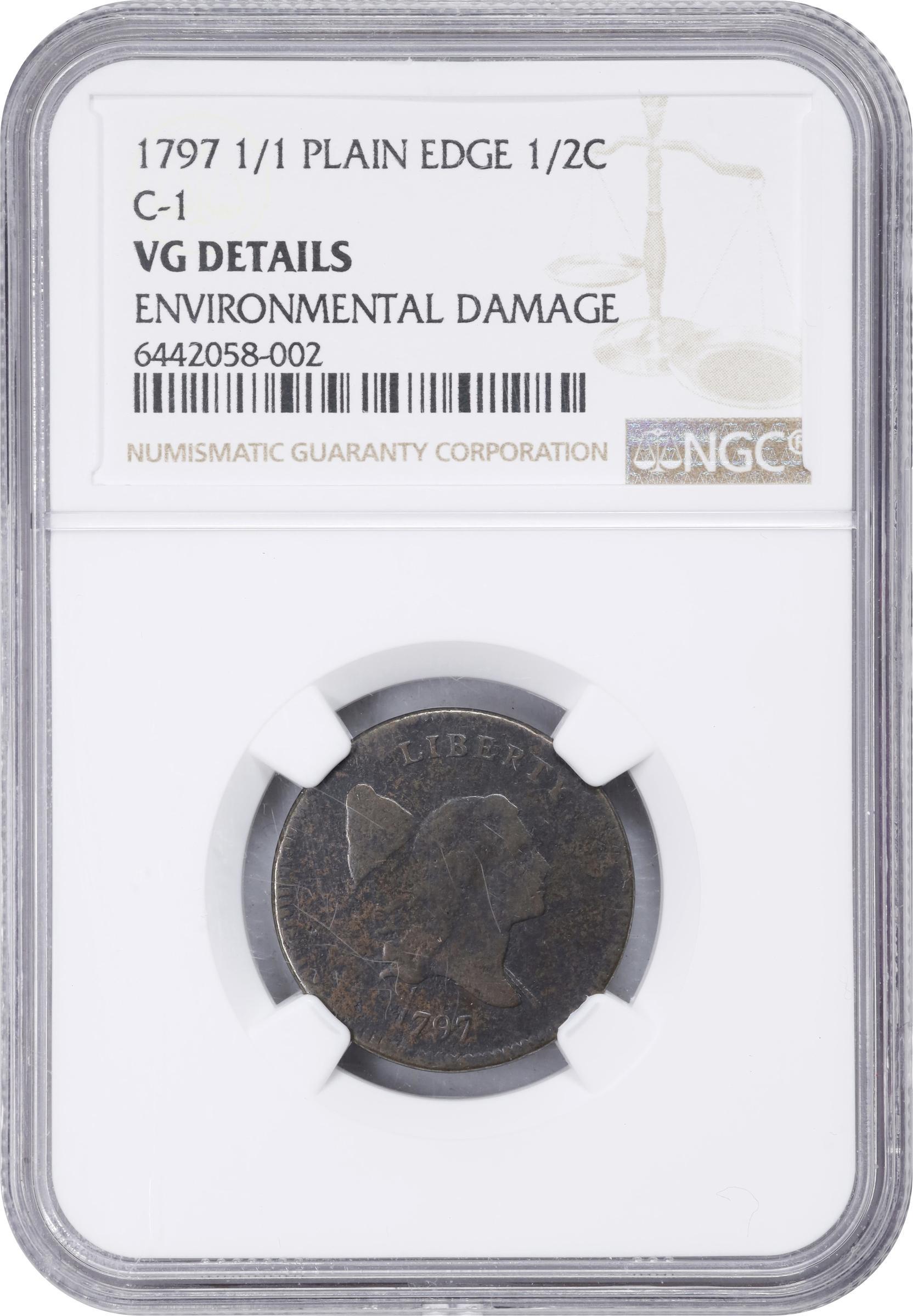 image for: 1797 Liberty Cap Half Cent. C-1. Rarity-2. 1 Above 1, Plain Edge. VG Details--Environmental Damage (NGC).