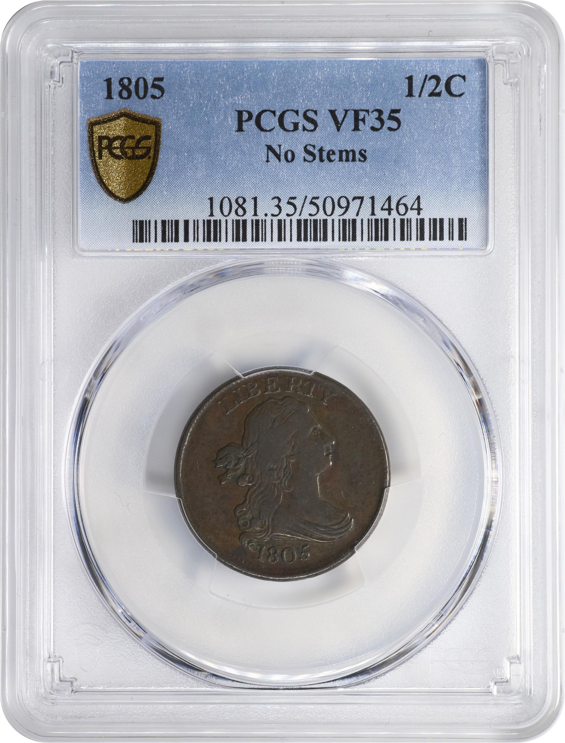 1805 1/2c Small 5, No Stems MS BN VF35 BN CAC thumbnail 3