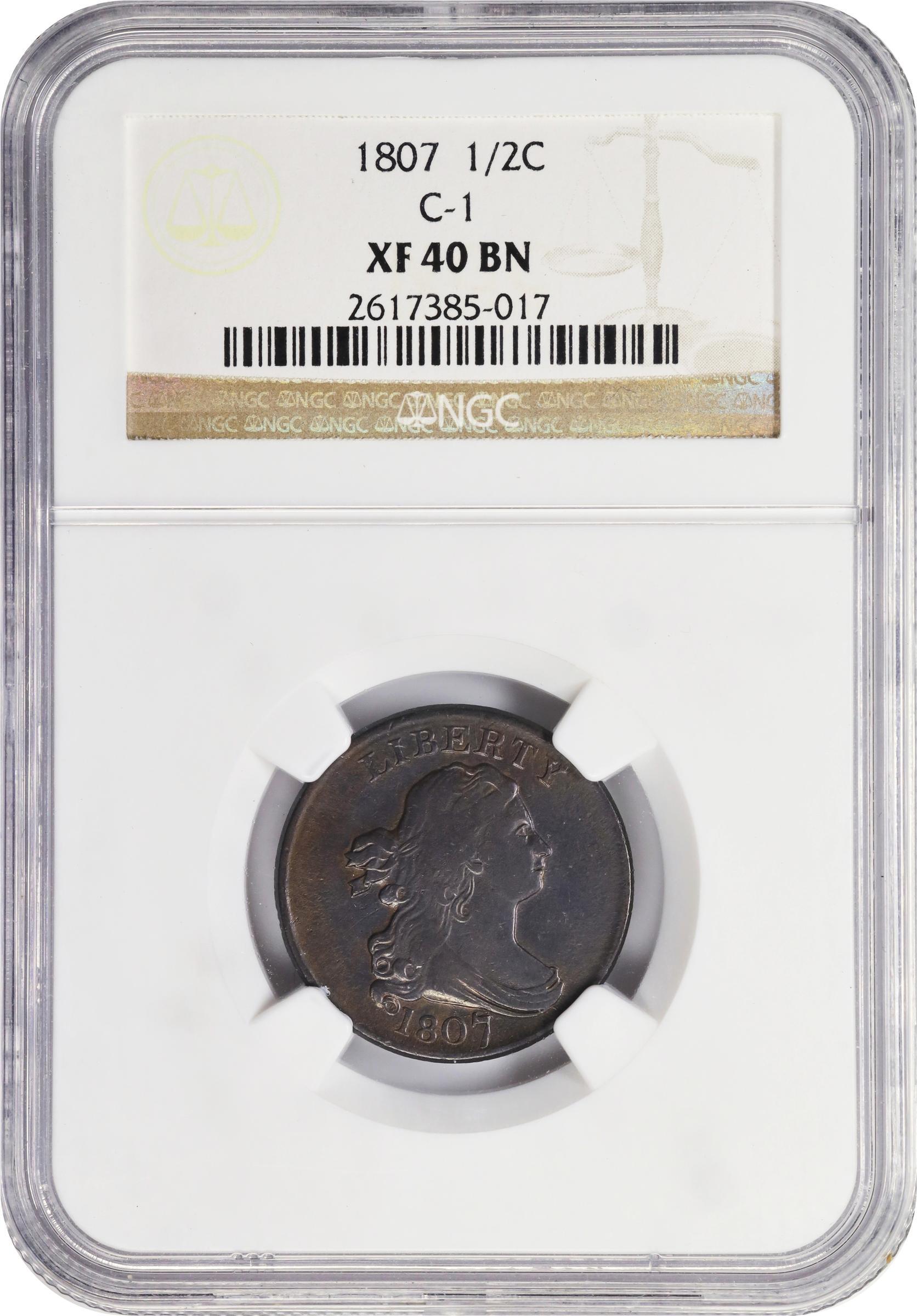 image for: 1807 Draped Bust Half Cent. C-1. Rarity-1. EF-40 BN (NGC).