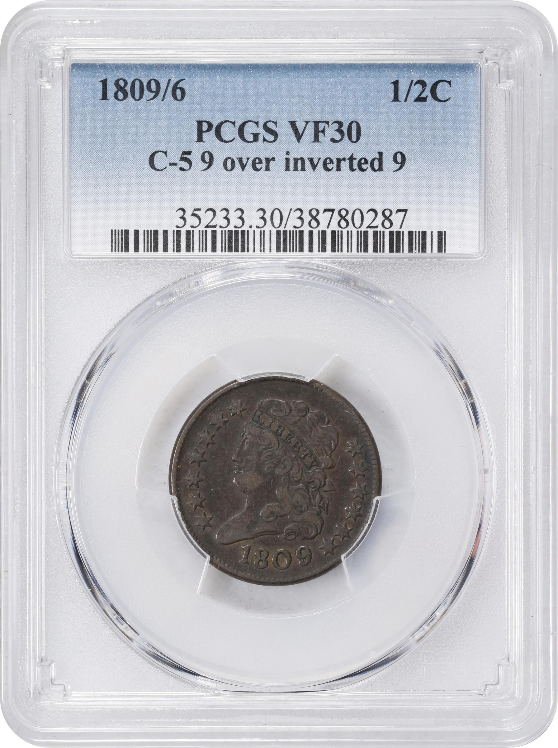 image for: 1809/'6' Classic Head Half Cent. C-5. Rarity-1. 9/Inverted 9. VF-30 (PCGS).