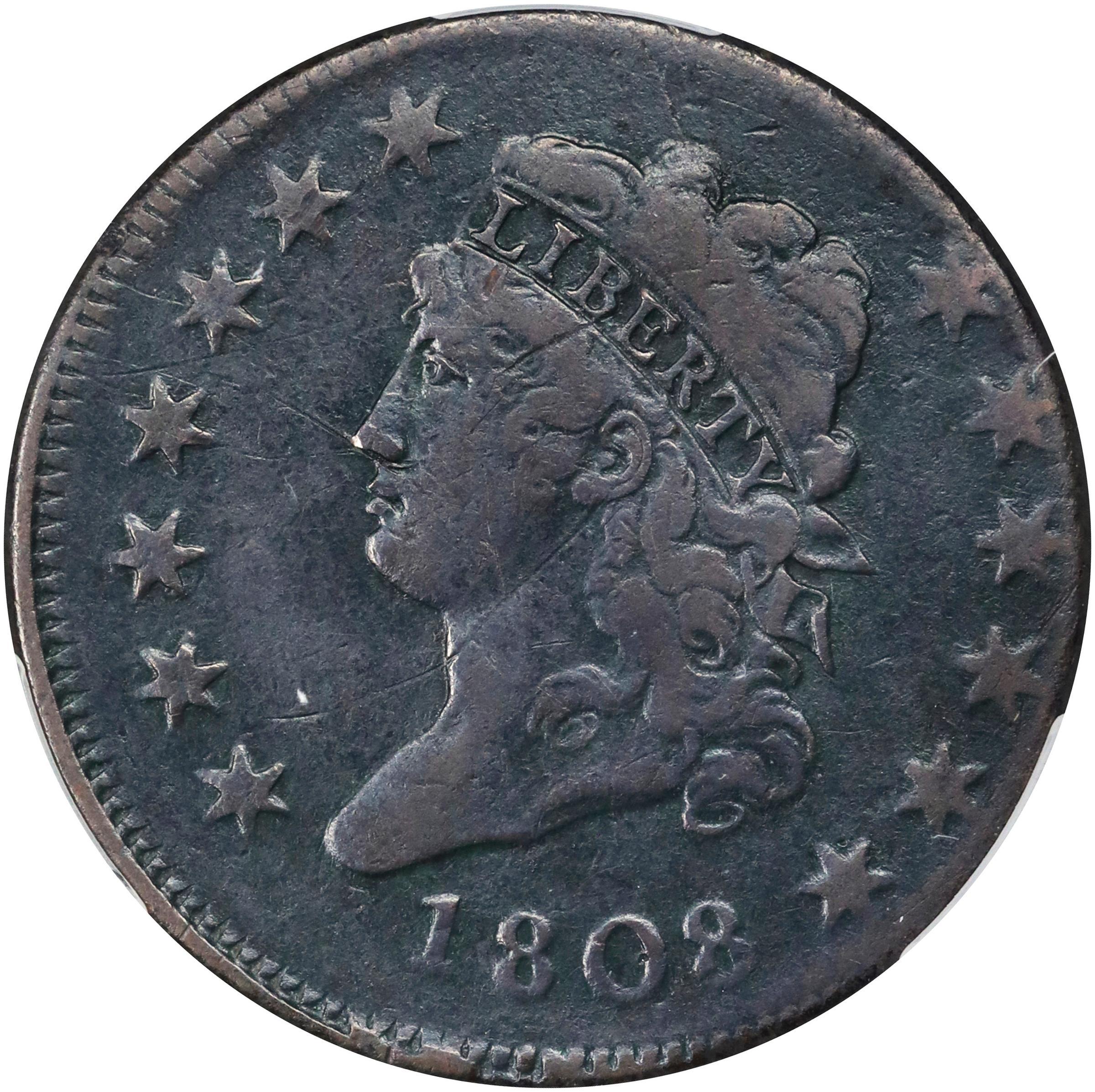 image for: 1808 Classic Head Cent. S-278, B-2. Rarity-3. Fine Details--Obverse Scratched (CACG).