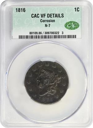 image for: 1816 Matron Head Cent. N-7. Rarity-3. VF Details--Corrosion (CACG).