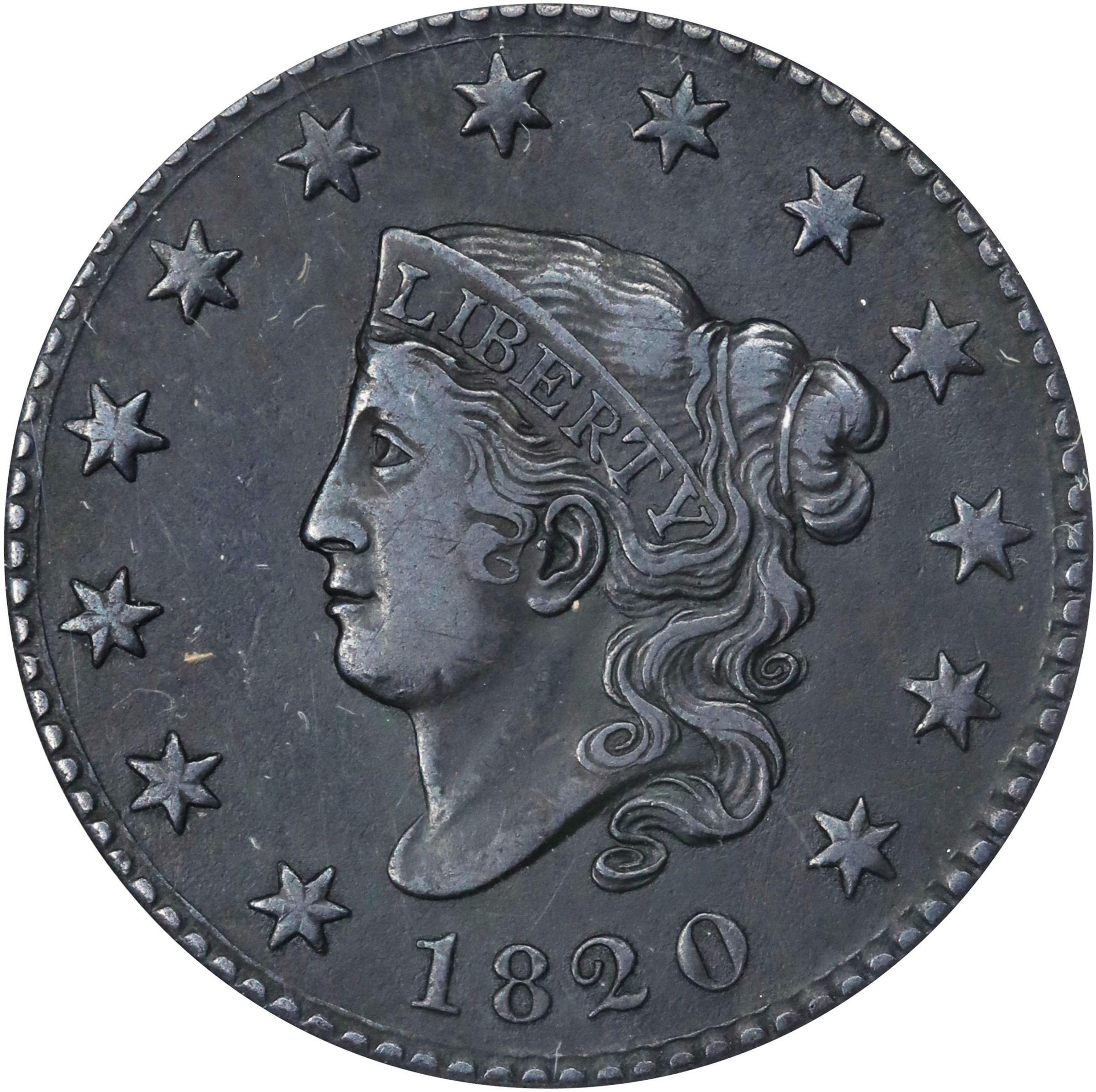 image for: 1820 Matron Head Cent. N-7. Rarity-2. Small Date. EF-40 Details--Corroded (ANACS).
