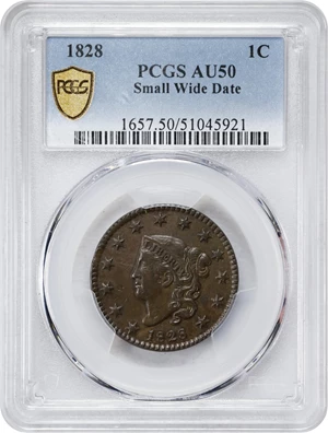 image for: 1828 Matron Head Cent. N-10. Rarity-1. Small Wide Date. AU-50 (PCGS).