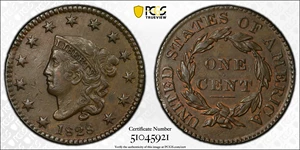 image for: 1828 Matron Head Cent. N-10. Rarity-1. Small Wide Date. AU-50 (PCGS).