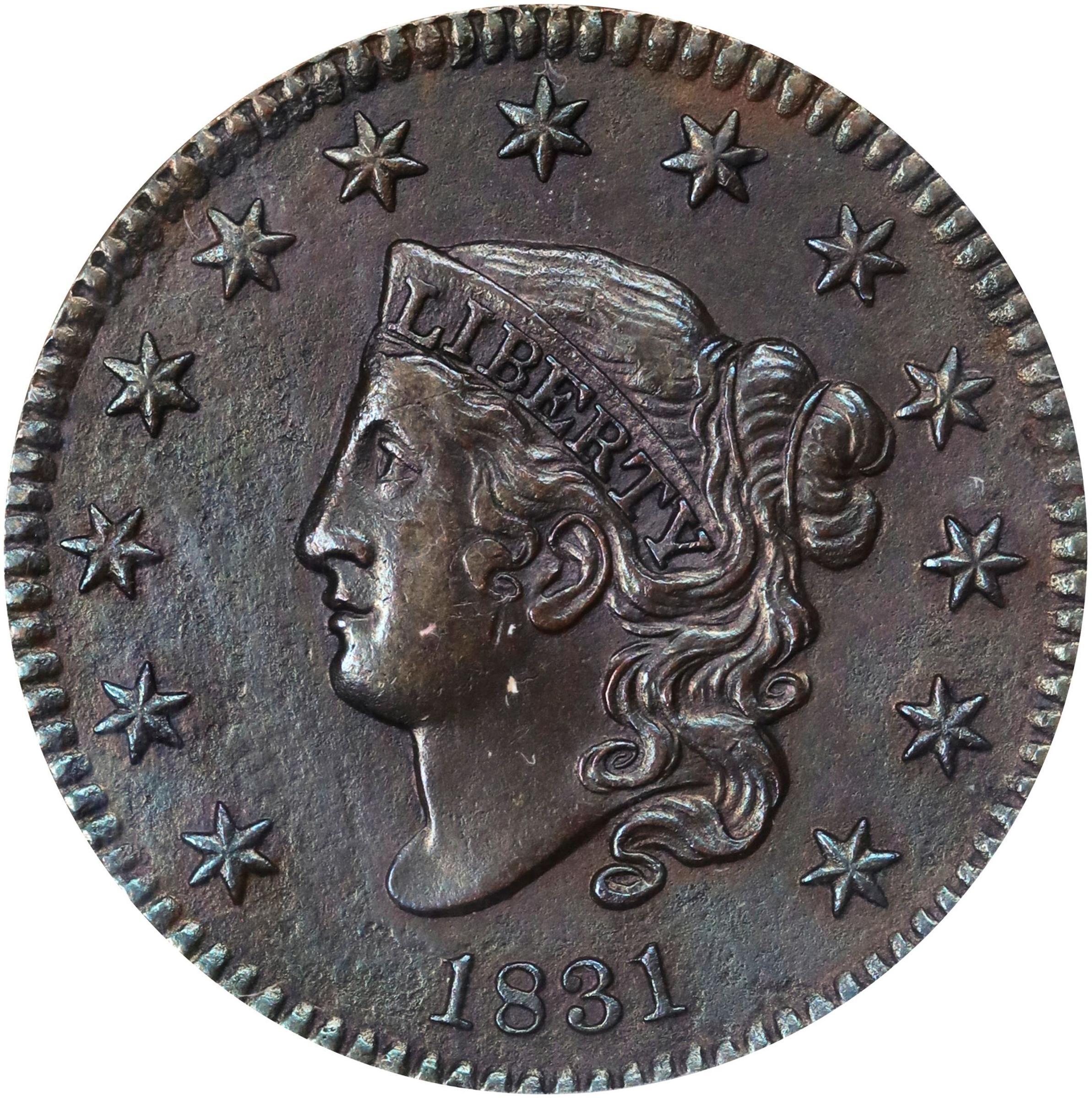 image for: 1831 Matron Head Cent. N-8. Rarity-3. Large Letters. AU-50 Details--Corroded (ANACS).