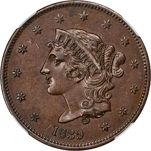 image for: 1839 Modified Matron Head Cent. N-6. Rarity-2. Booby Head. AU-58 BN (NGC).
