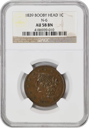 image for: 1839 Modified Matron Head Cent. N-6. Rarity-2. Booby Head. AU-58 BN (NGC).