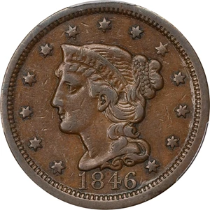 image for: 1846 Braided Hair Cent. N-13. Rarity-3. Tall Date. VF-30 (PCGS).