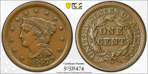 image for: 1847/47 Braided Hair Cent. N-2. Rarity-3. Large/Small 7. EF-40 (PCGS).
