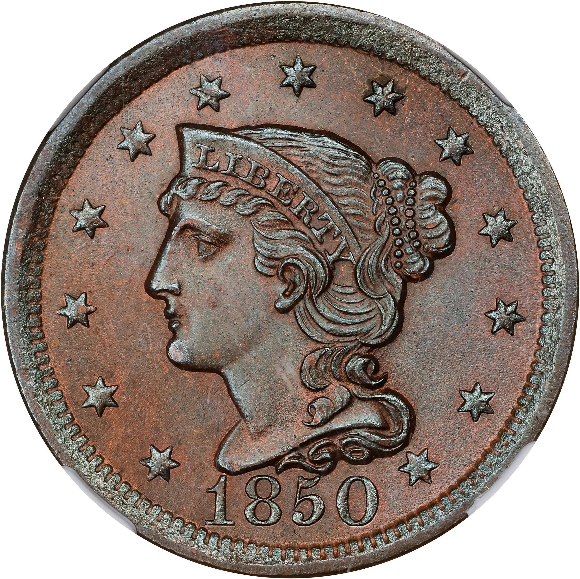 image for: 1850 Braided Hair Cent. N-7. Rarity-2. MS-65 BN (NGC).
