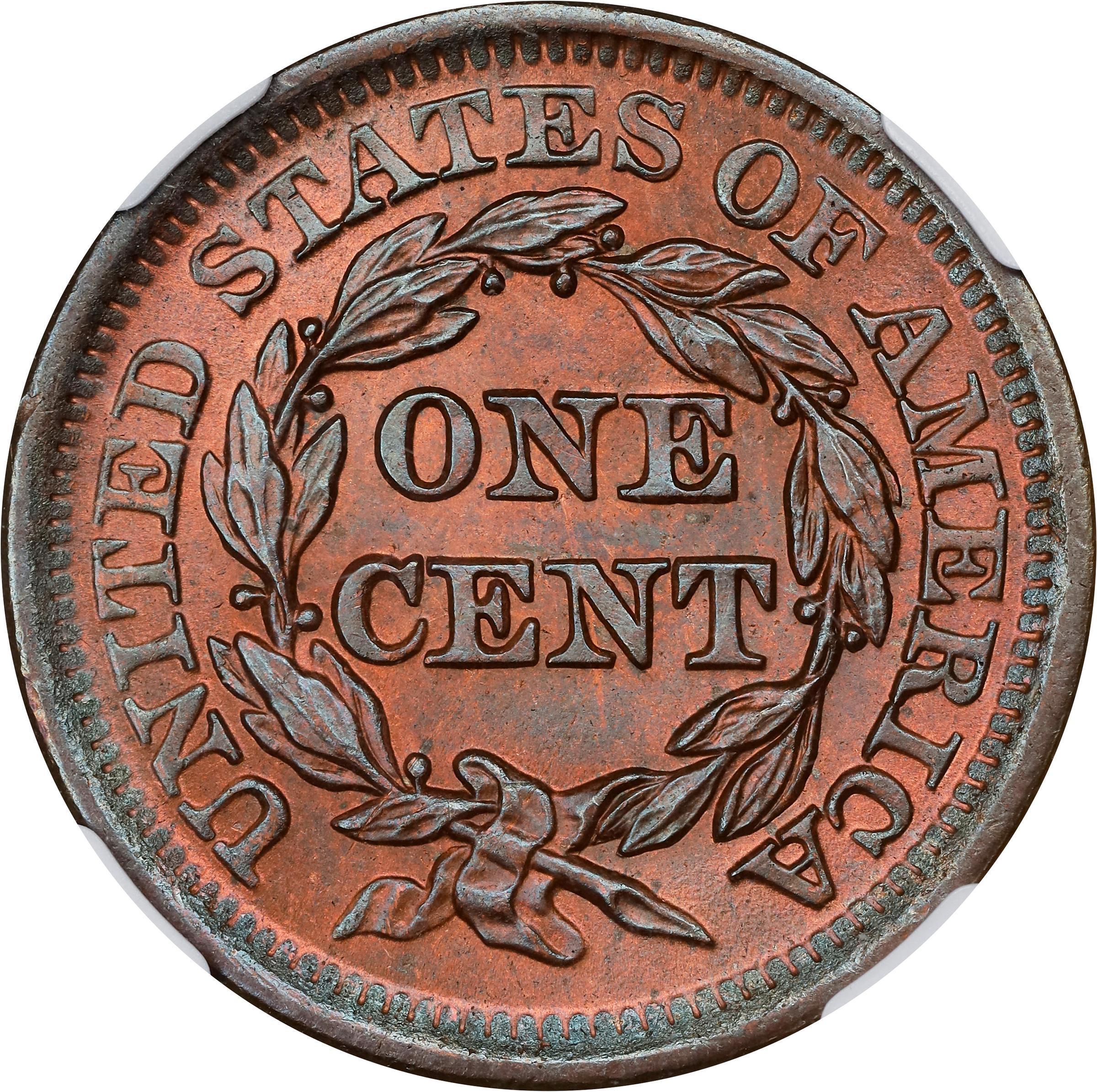 image for: 1850 Braided Hair Cent. N-7. Rarity-2. MS-65 BN (NGC).