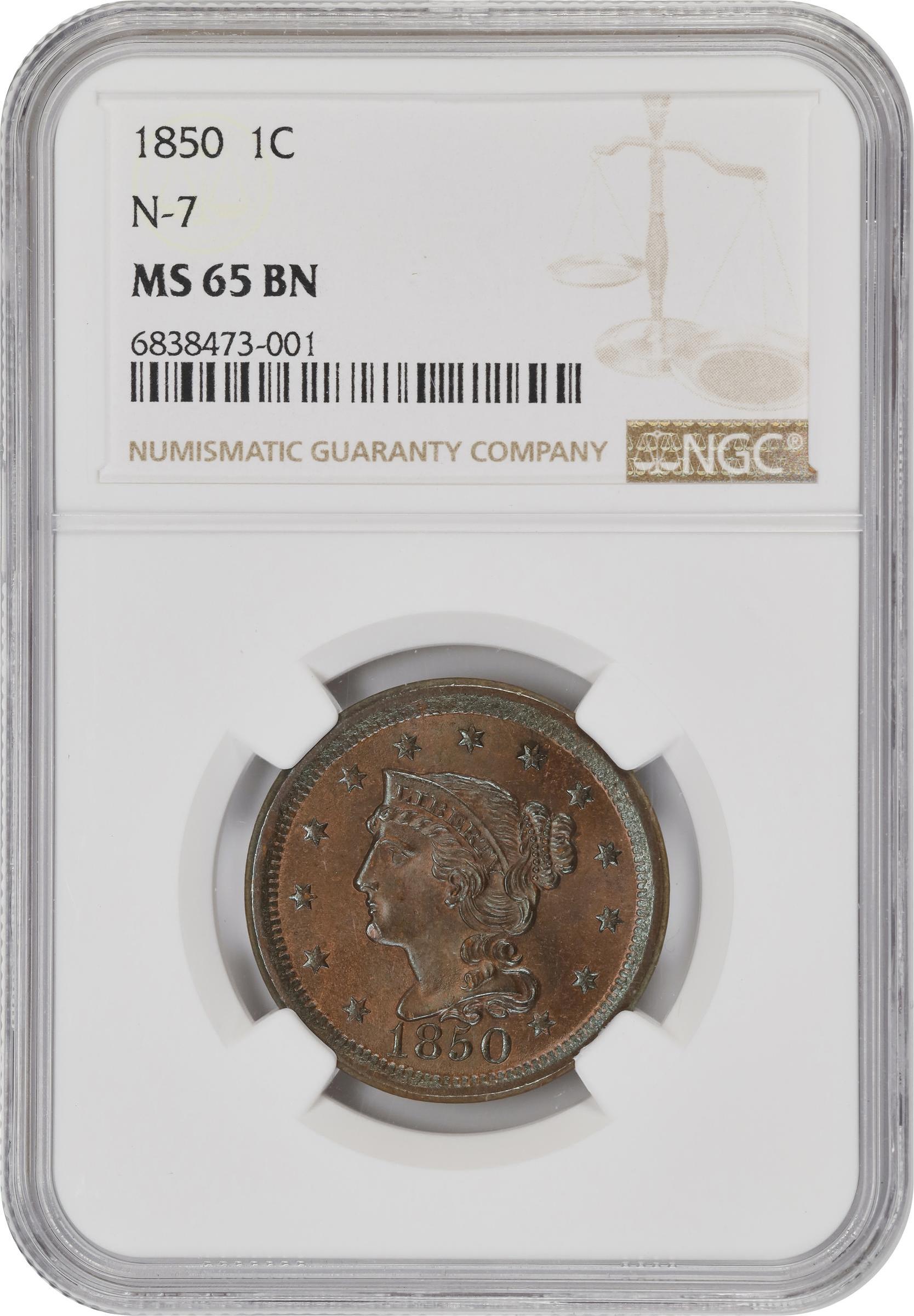 image for: 1850 Braided Hair Cent. N-7. Rarity-2. MS-65 BN (NGC).