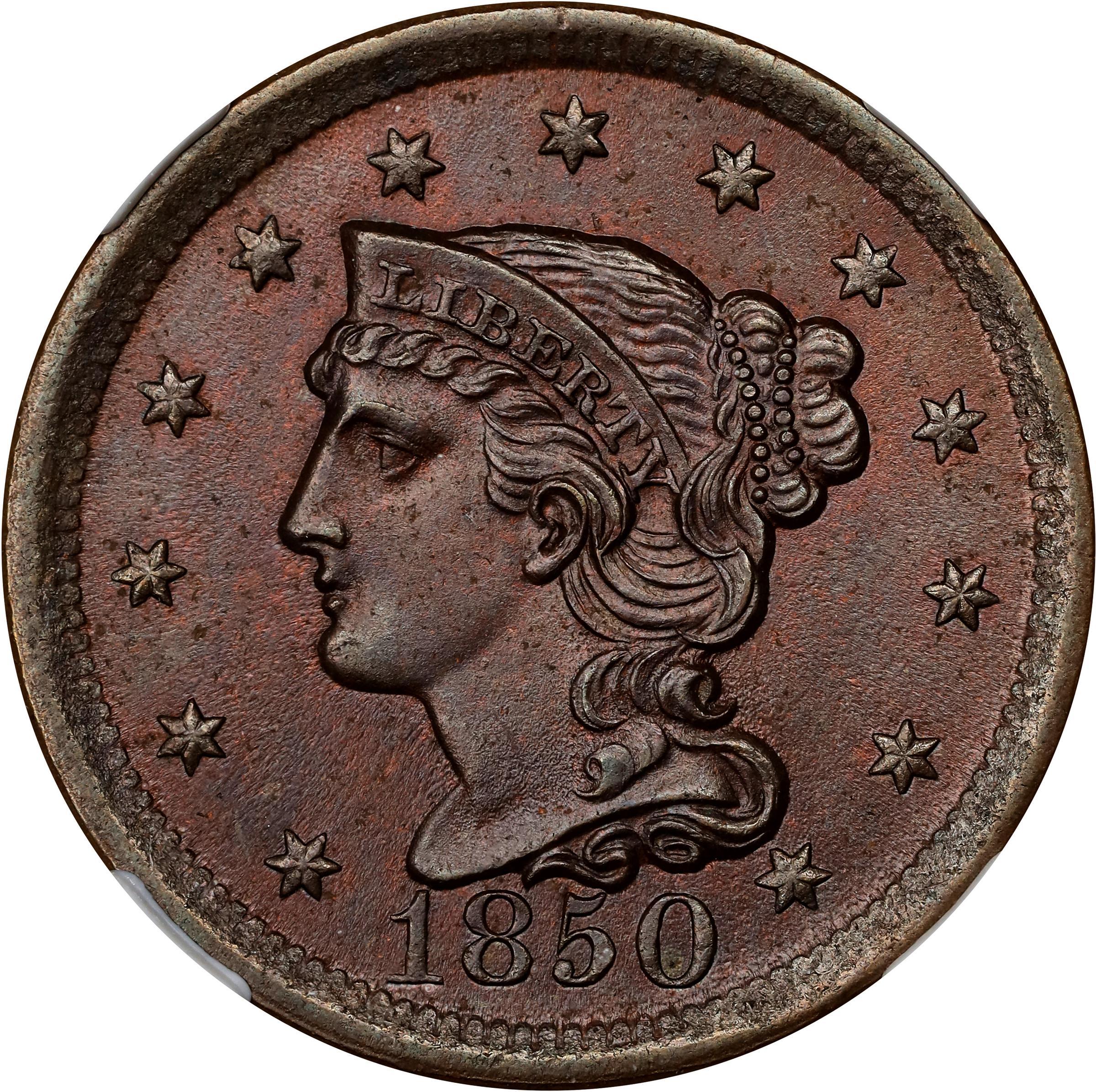 1850 Braided Hair Large Penny BN Mint State (MS) Pricing Guide