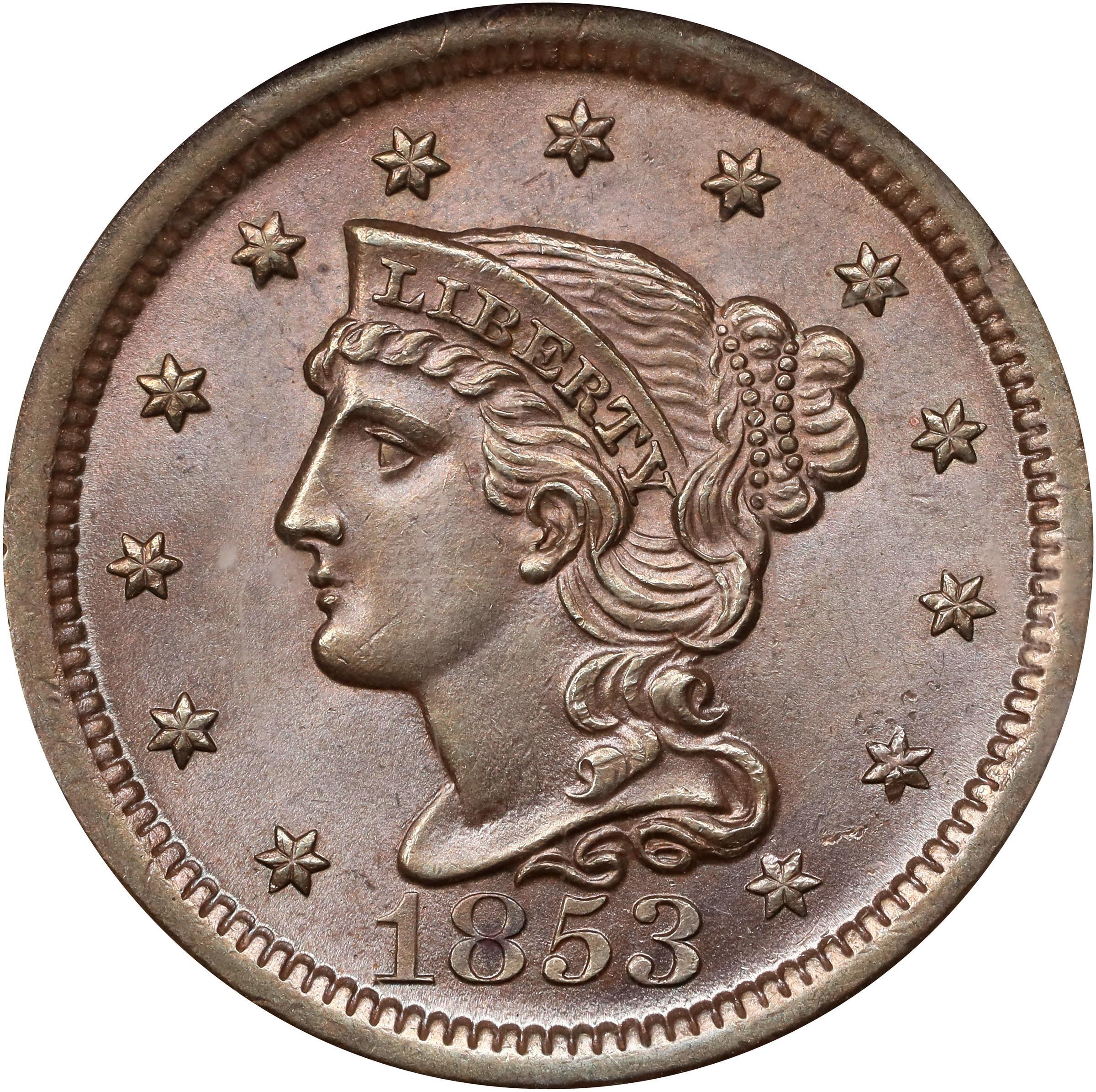 image for: 1853 Braided Hair Cent. N-11. Rarity-2. MS-65 BN (NGC).