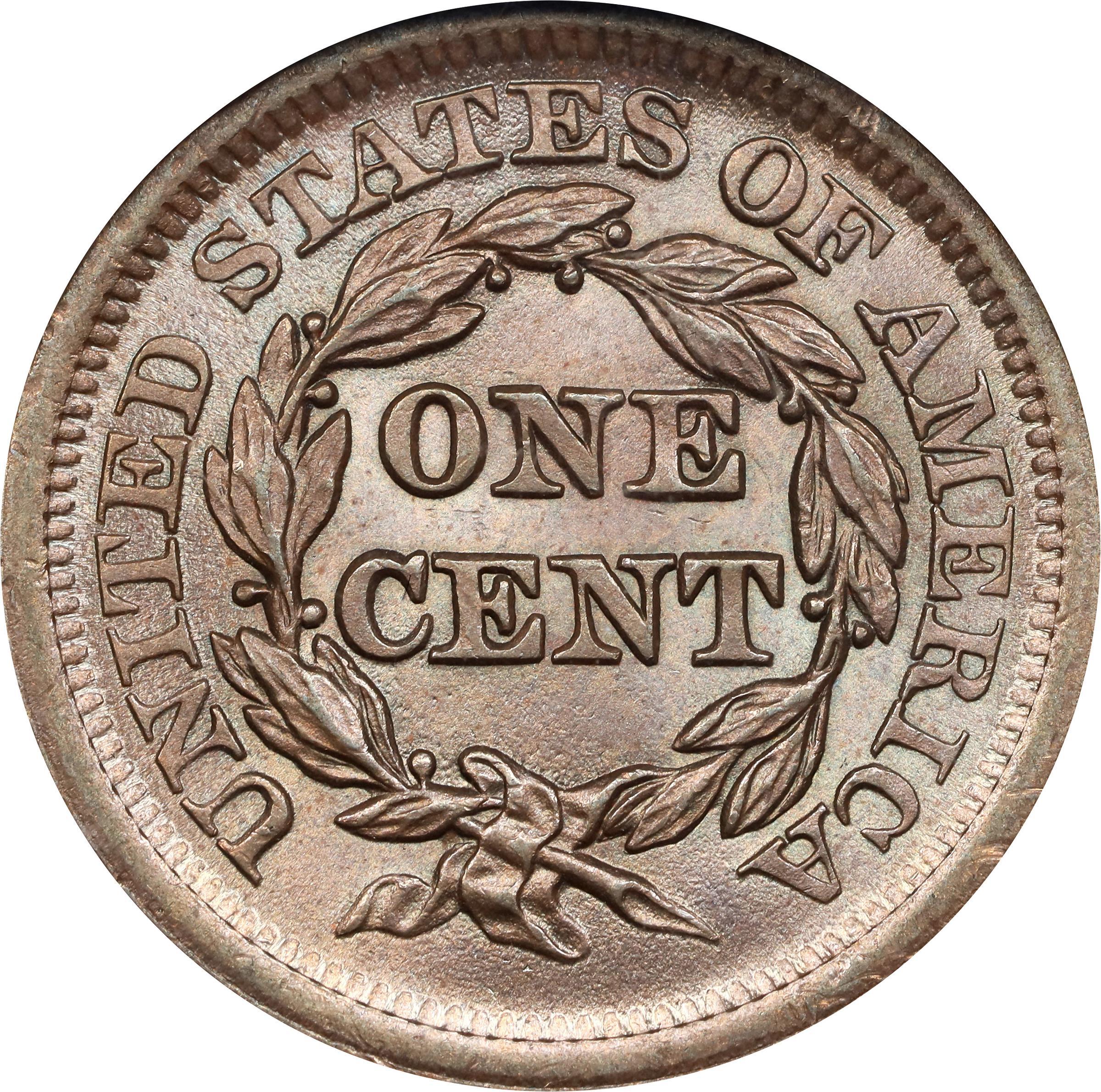 image for: 1853 Braided Hair Cent. N-11. Rarity-2. MS-65 BN (NGC).