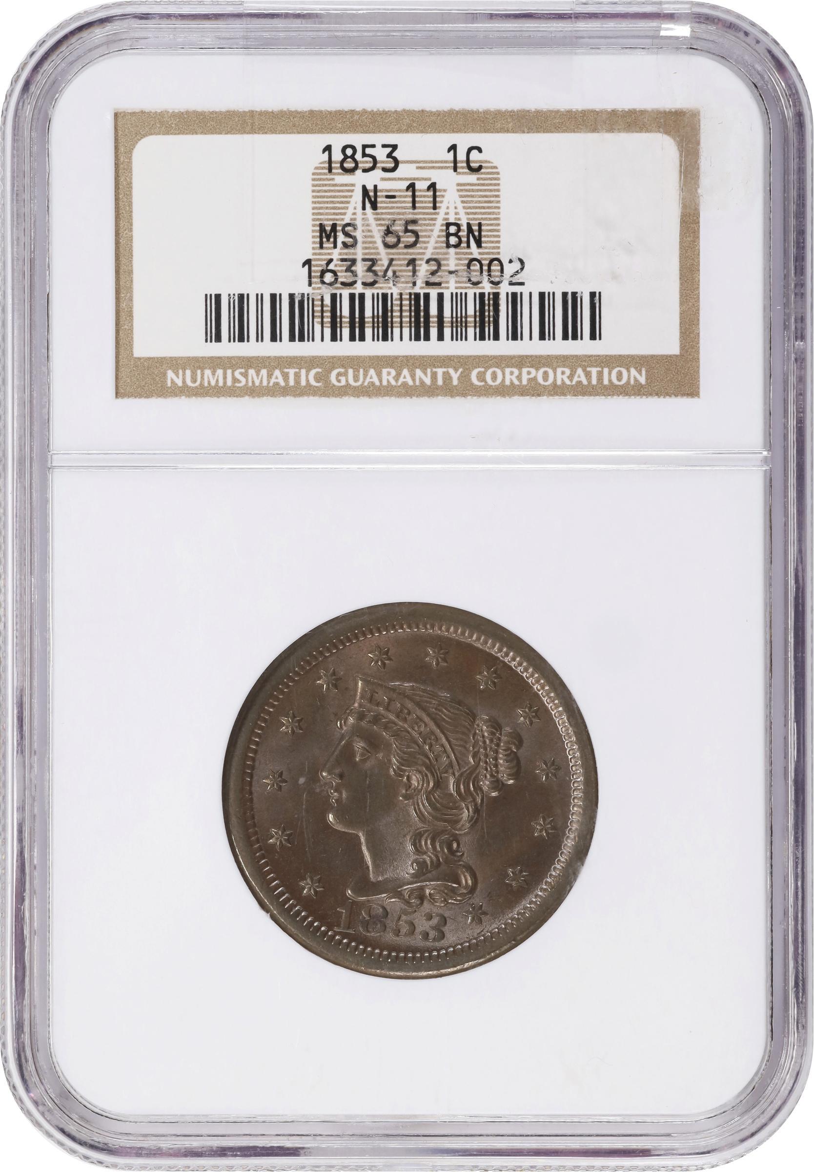 image for: 1853 Braided Hair Cent. N-11. Rarity-2. MS-65 BN (NGC).