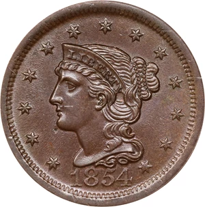image for: 1854 Braided Hair Cent. N-22. Rarity-4. MS-65 BN (NGC).