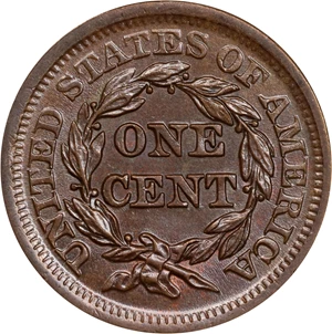 image for: 1854 Braided Hair Cent. N-22. Rarity-4. MS-65 BN (NGC).