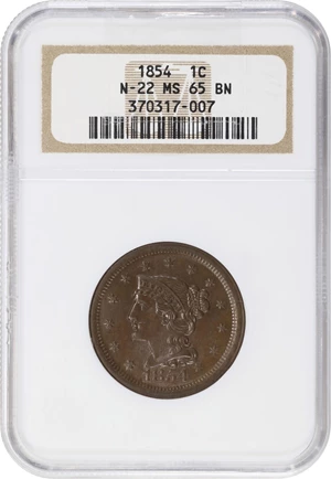 image for: 1854 Braided Hair Cent. N-22. Rarity-4. MS-65 BN (NGC).