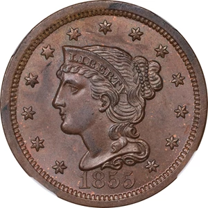 image for: 1855 Braided Hair Cent. N-4. Rarity-1. Upright 5s. MS-65 BN (NGC).