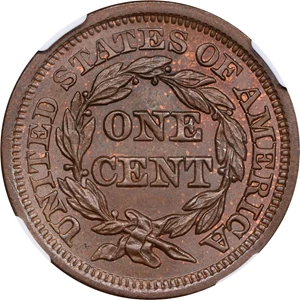 image for: 1855 Braided Hair Cent. N-4. Rarity-1. Upright 5s. MS-65 BN (NGC).