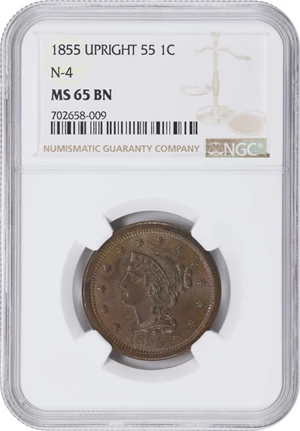 image for: 1855 Braided Hair Cent. N-4. Rarity-1. Upright 5s. MS-65 BN (NGC).