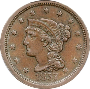 image for: 1857 Braided Hair Cent. N-1. Rarity-1. Large Date. AU-50 (PCGS).