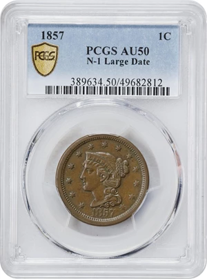 image for: 1857 Braided Hair Cent. N-1. Rarity-1. Large Date. AU-50 (PCGS).